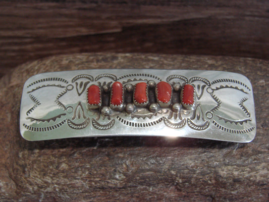 Native American Sterling Silver & Coral Row Hair Barrette by Begay