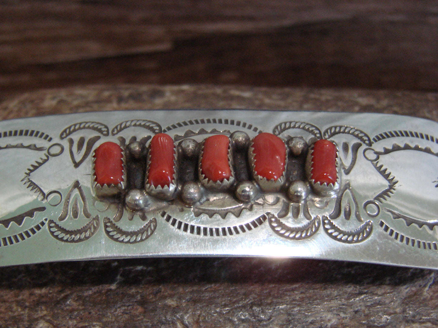 Native American Sterling Silver & Coral Row Hair Barrette by Begay