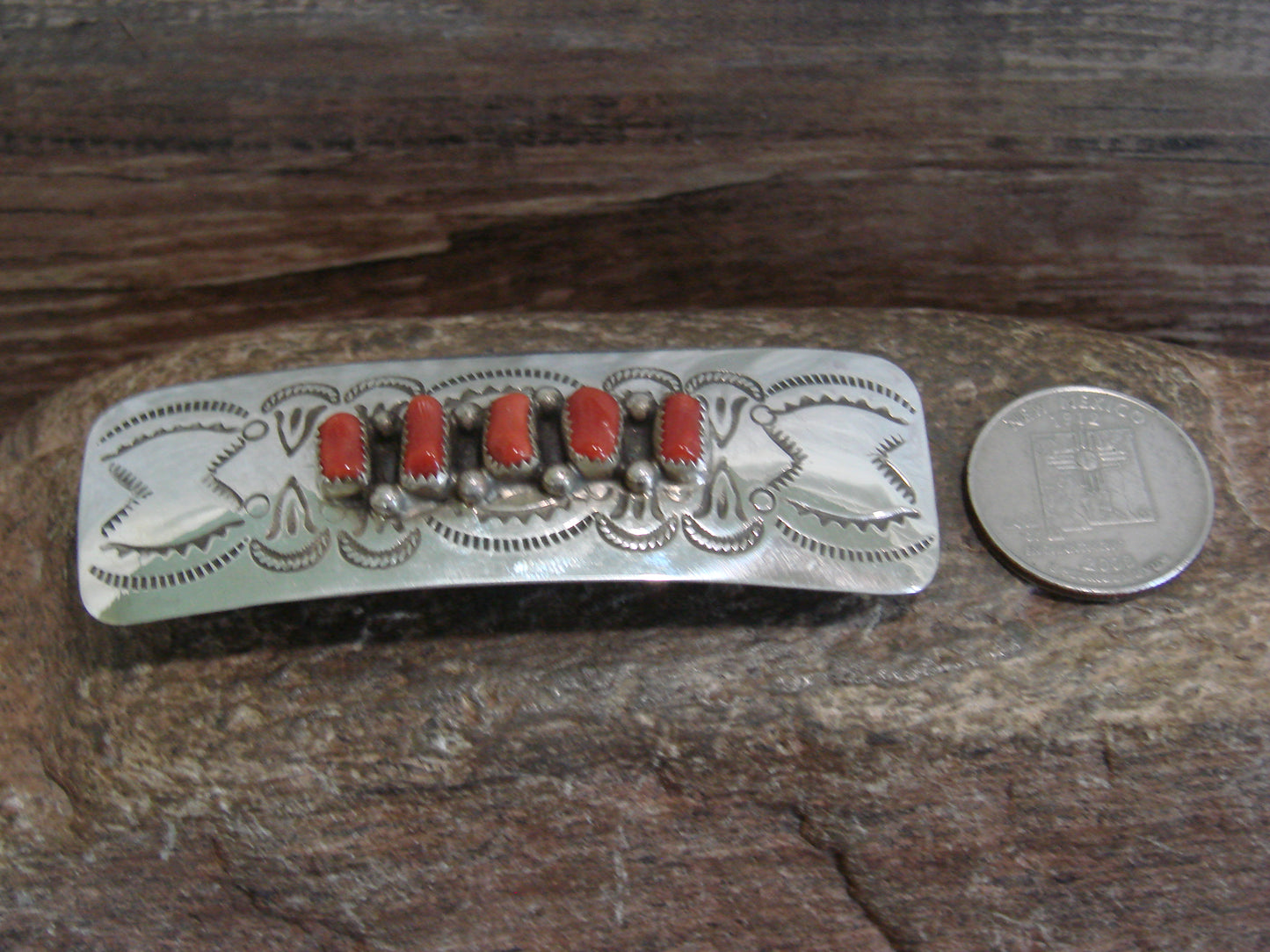 Native American Sterling Silver & Coral Row Hair Barrette by Begay