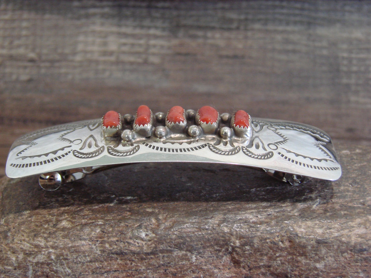 Native American Sterling Silver & Coral Row Hair Barrette by Begay