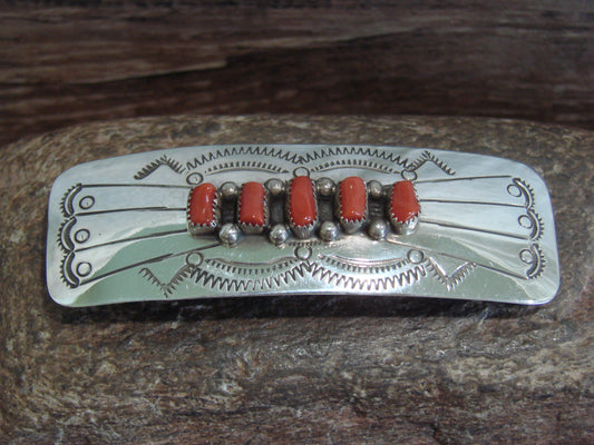 Native American Sterling Silver & Coral Row Hair Barrette by Begay
