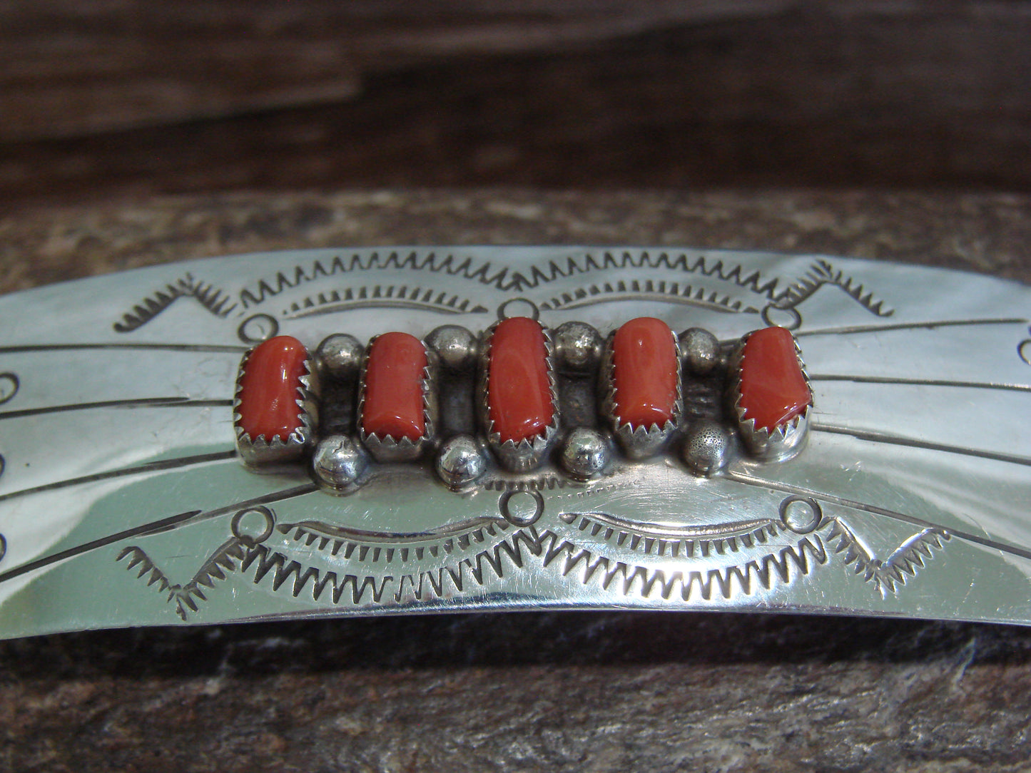 Native American Sterling Silver & Coral Row Hair Barrette by Begay