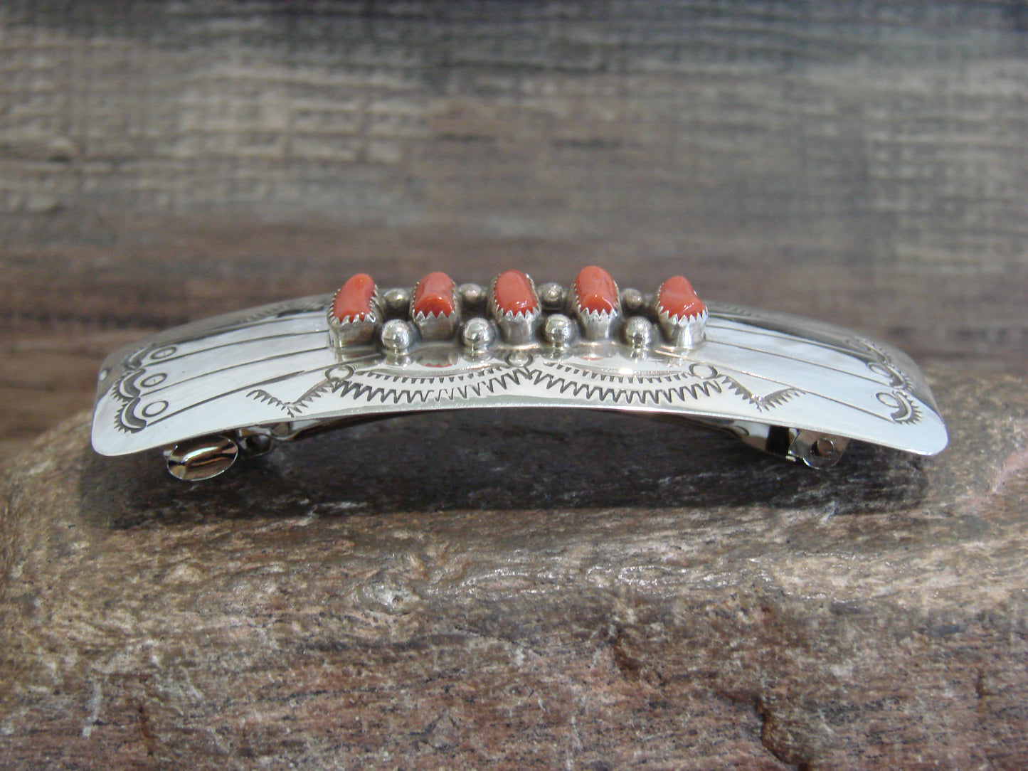 Native American Sterling Silver & Coral Row Hair Barrette by Begay