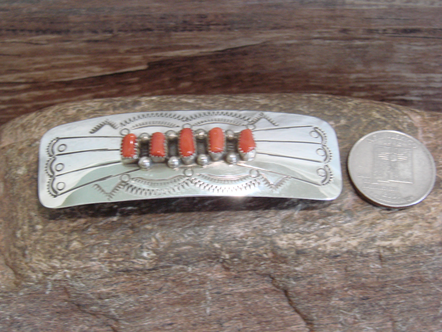 Native American Sterling Silver & Coral Row Hair Barrette by Begay