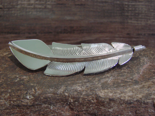 Native American Sterling Silver Feather Hair Barrette Signed Long