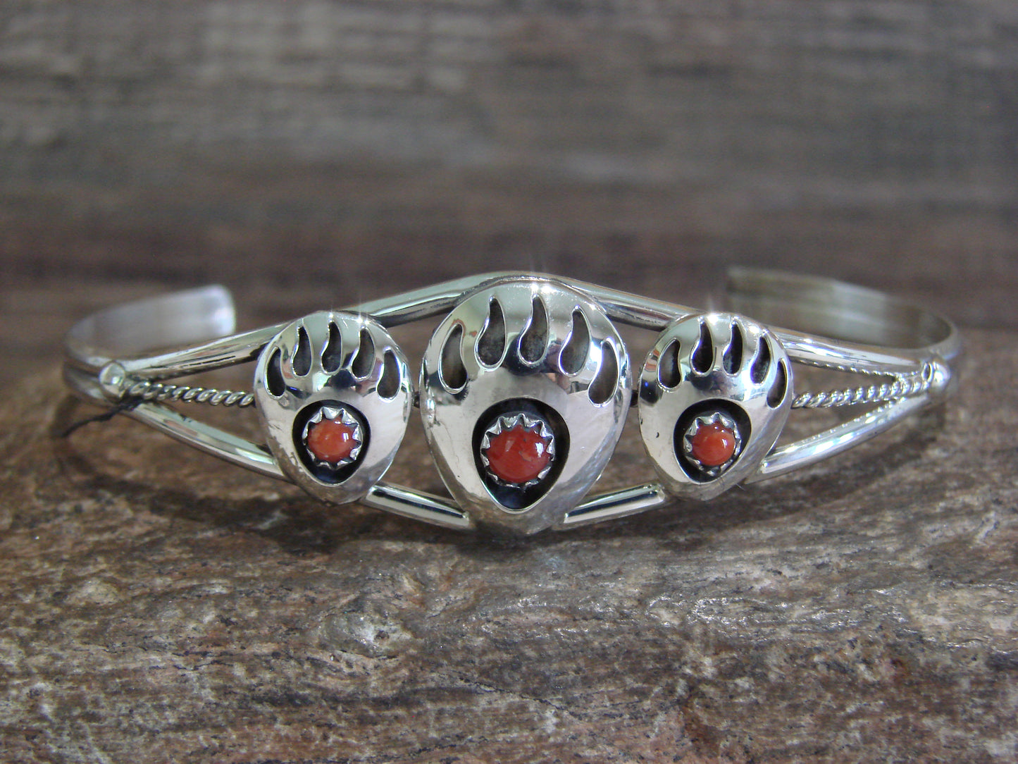 Native American Sterling Silver & Coral Bear Paw Bracelet by Spencer