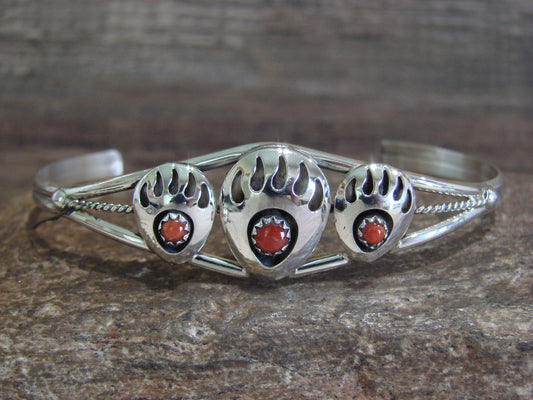 Native American Sterling Silver & Coral Bear Paw Bracelet by Spencer