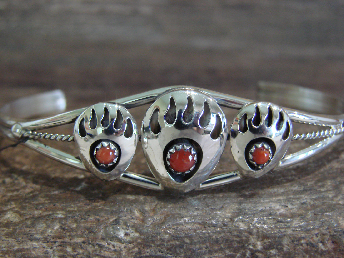 Native American Sterling Silver & Coral Bear Paw Bracelet by Spencer