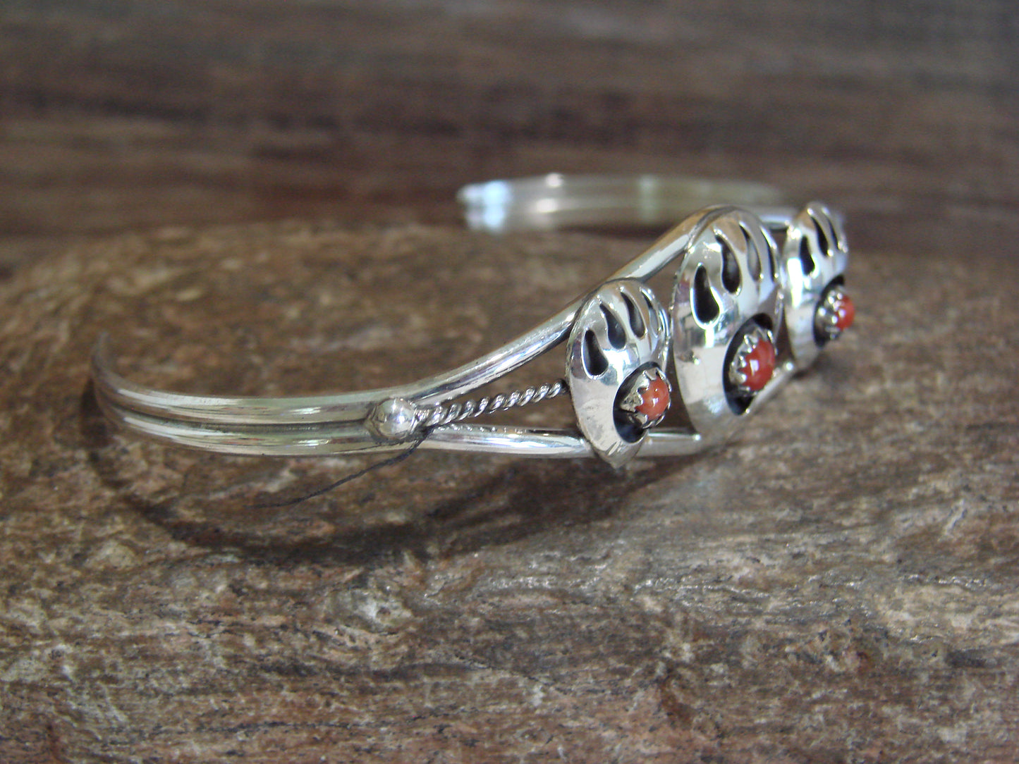 Native American Sterling Silver & Coral Bear Paw Bracelet by Spencer