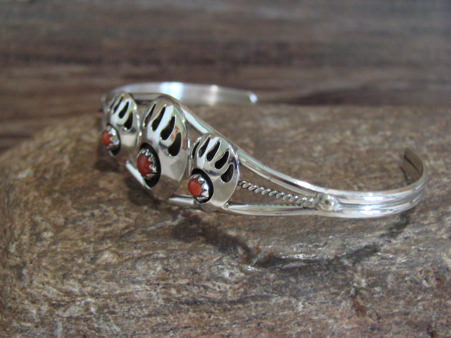 Native American Sterling Silver & Coral Bear Paw Bracelet by Spencer