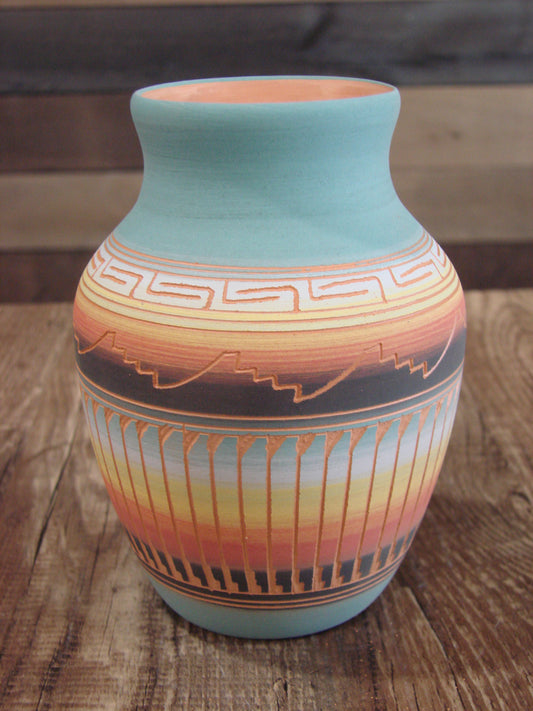 Native American Navajo Hand Etched & Hand Painted Pottery - Charlie