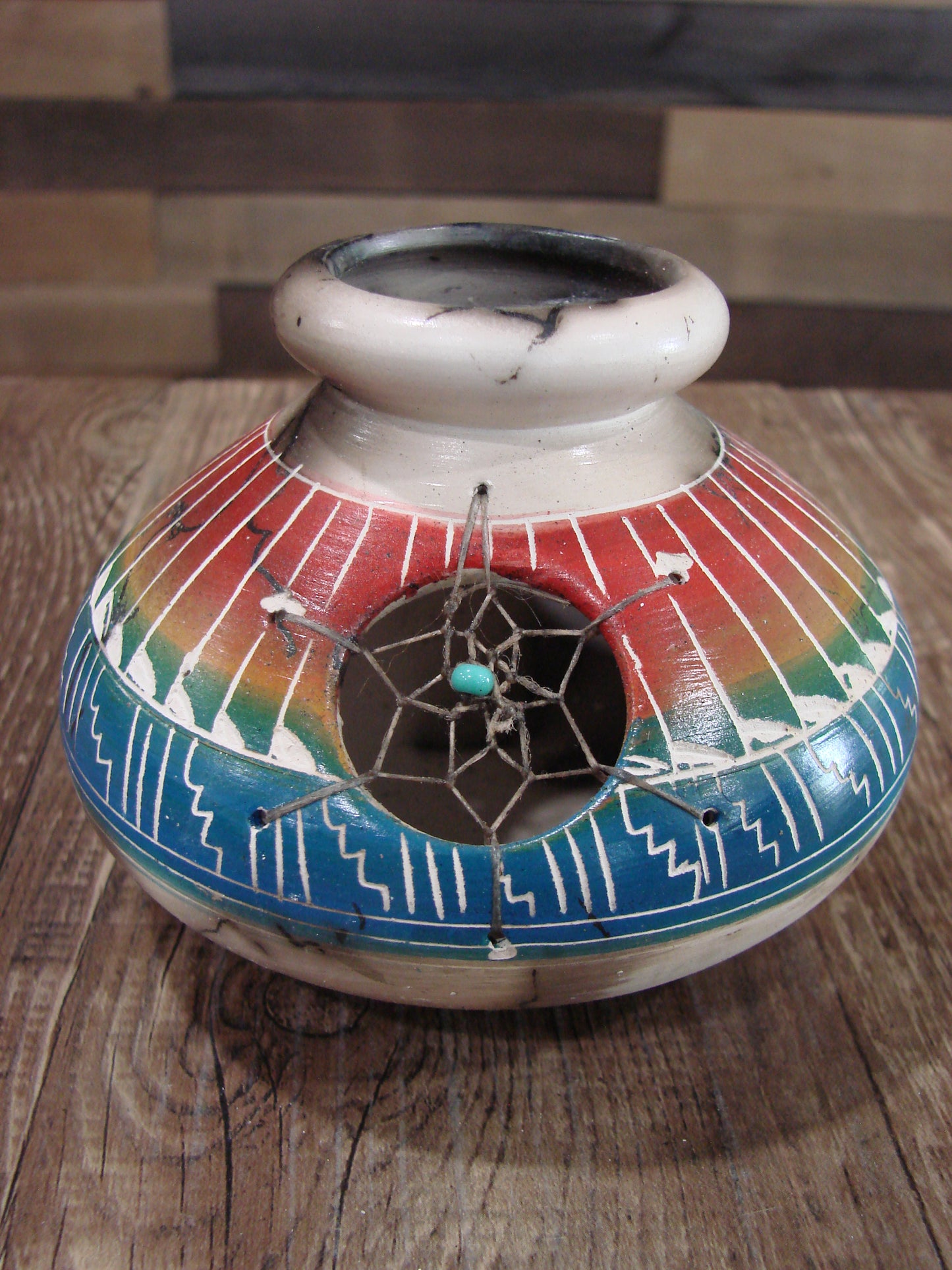 Native American Navajo Hand Etched Dream Catcher Horse Hair Pottery - Billy