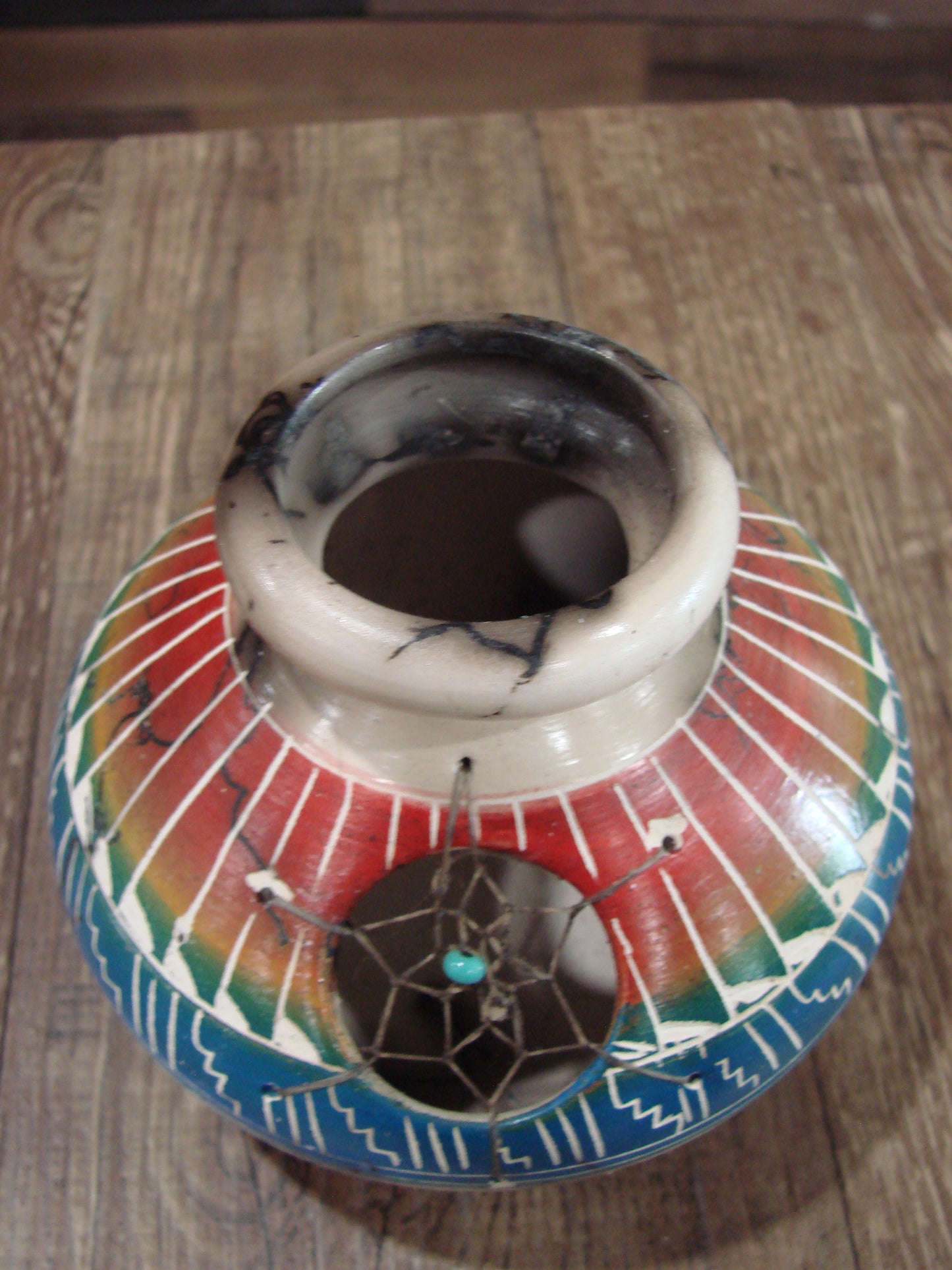 Native American Navajo Hand Etched Dream Catcher Horse Hair Pottery - Billy