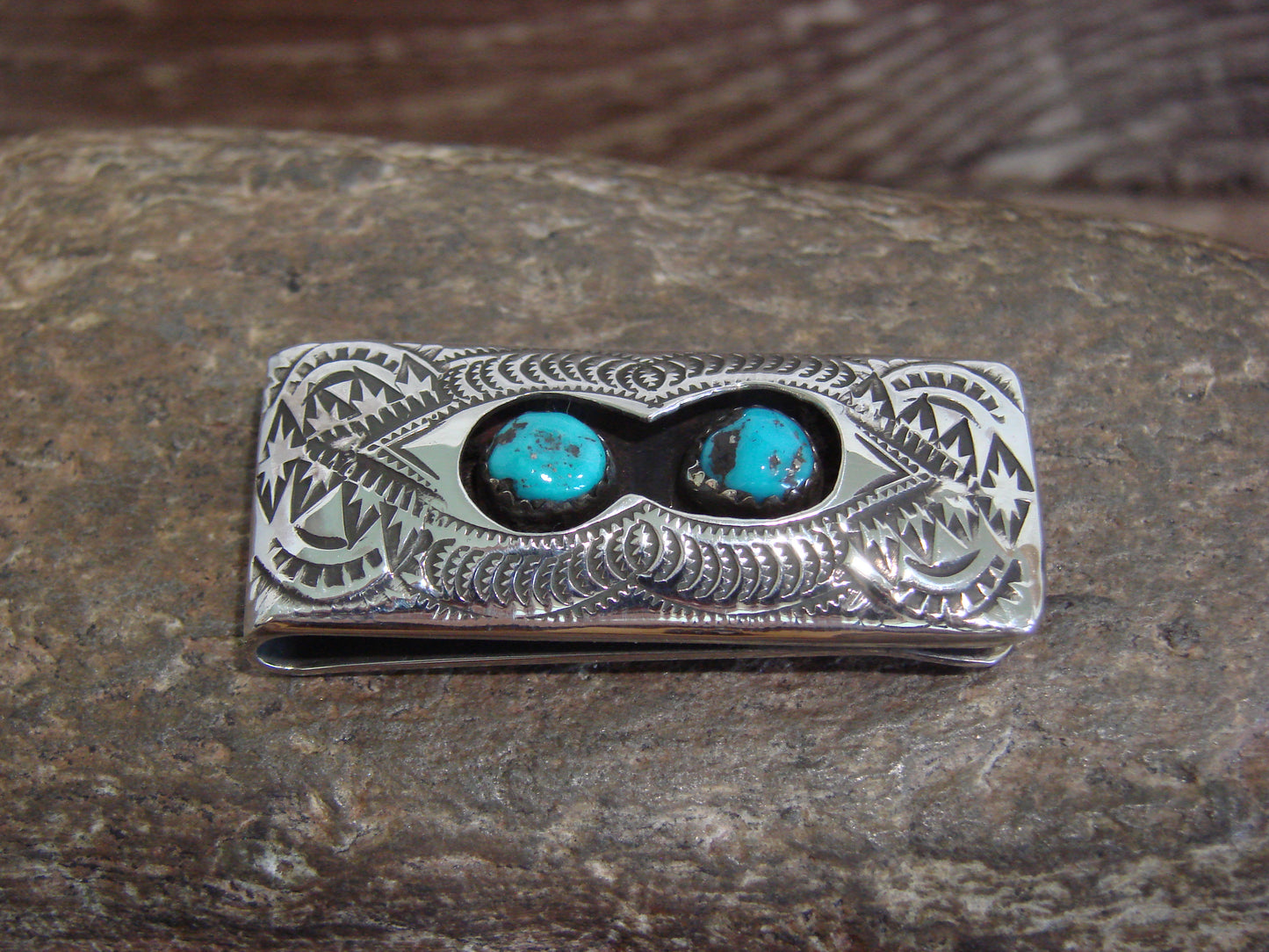 Native American Sterling Silver & Turquoise Money Clip - Skeets