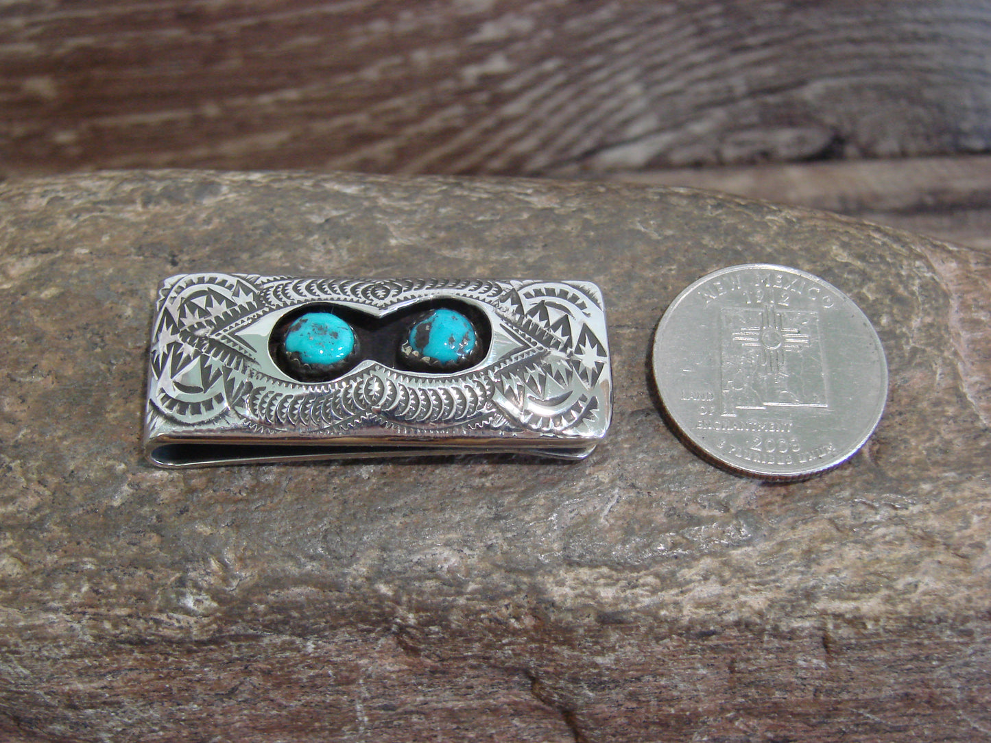 Native American Sterling Silver & Turquoise Money Clip - Skeets