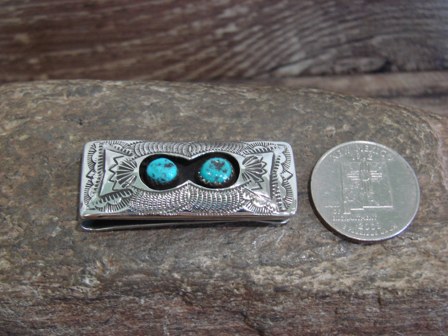Native American Sterling Silver & Turquoise Money Clip - Skeets