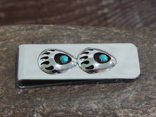 Native American Indian Sterling Silver & Turquoise Bear Paw Money Clip