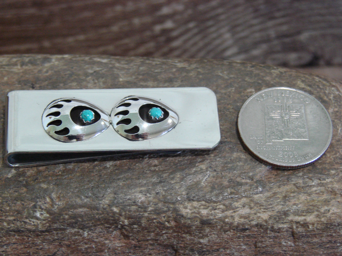 Native American Indian Sterling Silver & Turquoise Bear Paw Money Clip