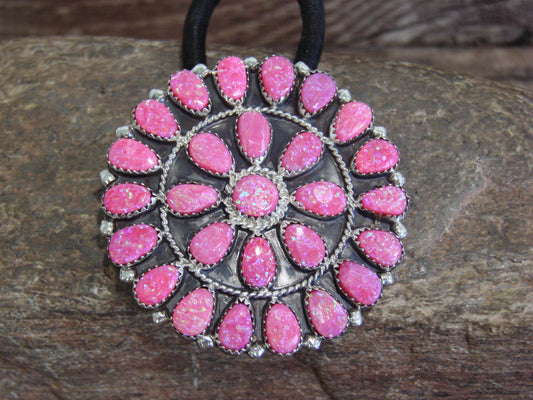 Native American Sterling Silver & Pink Opal Cluster Hair Tie Signed DLW