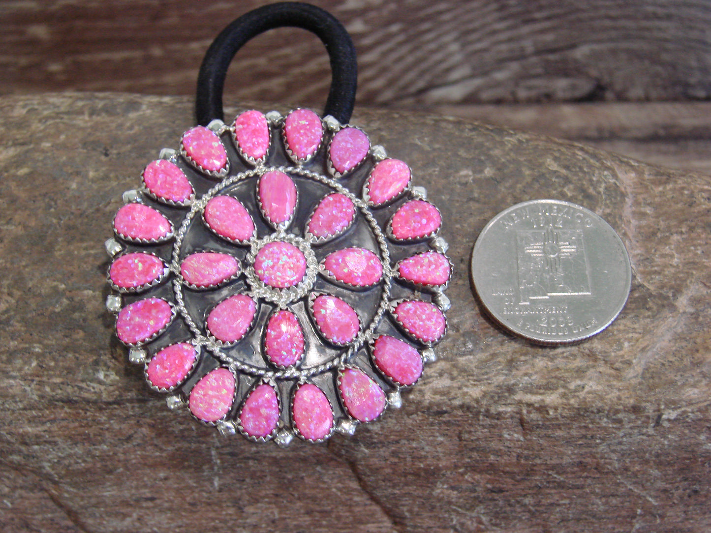 Native American Sterling Silver & Pink Opal Cluster Hair Tie Signed DLW