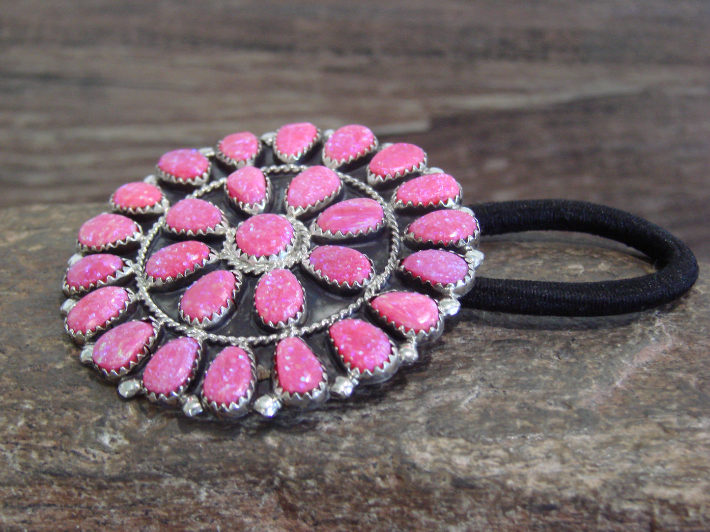 Native American Sterling Silver & Pink Opal Cluster Hair Tie Signed DLW