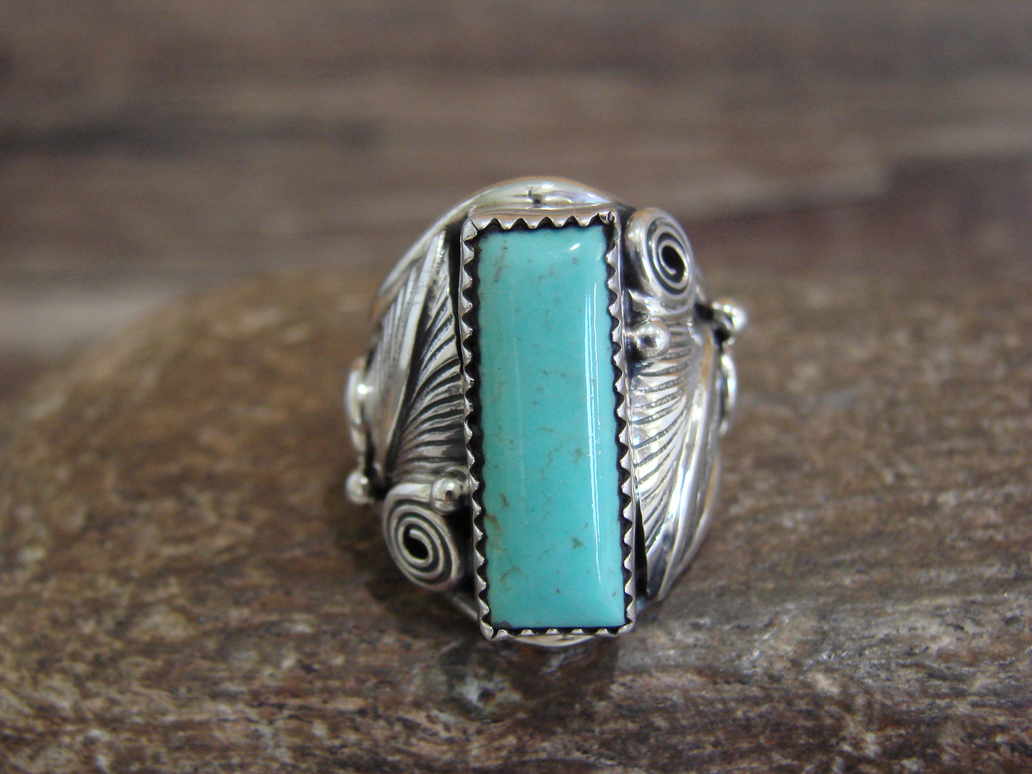 Native American Sterling Silver & Turquoise Feather Ring by D. Morgan - Size 8