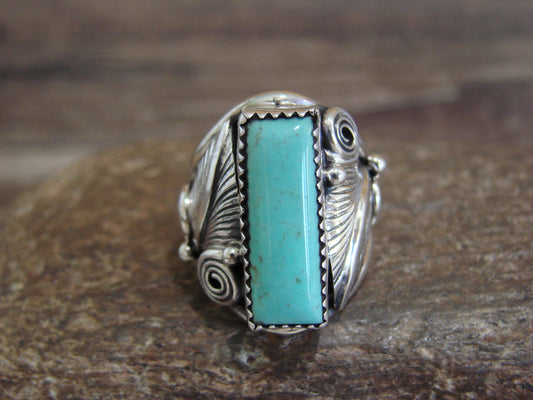 Native American Sterling Silver & Turquoise Feather Ring by D. Morgan - Size 7