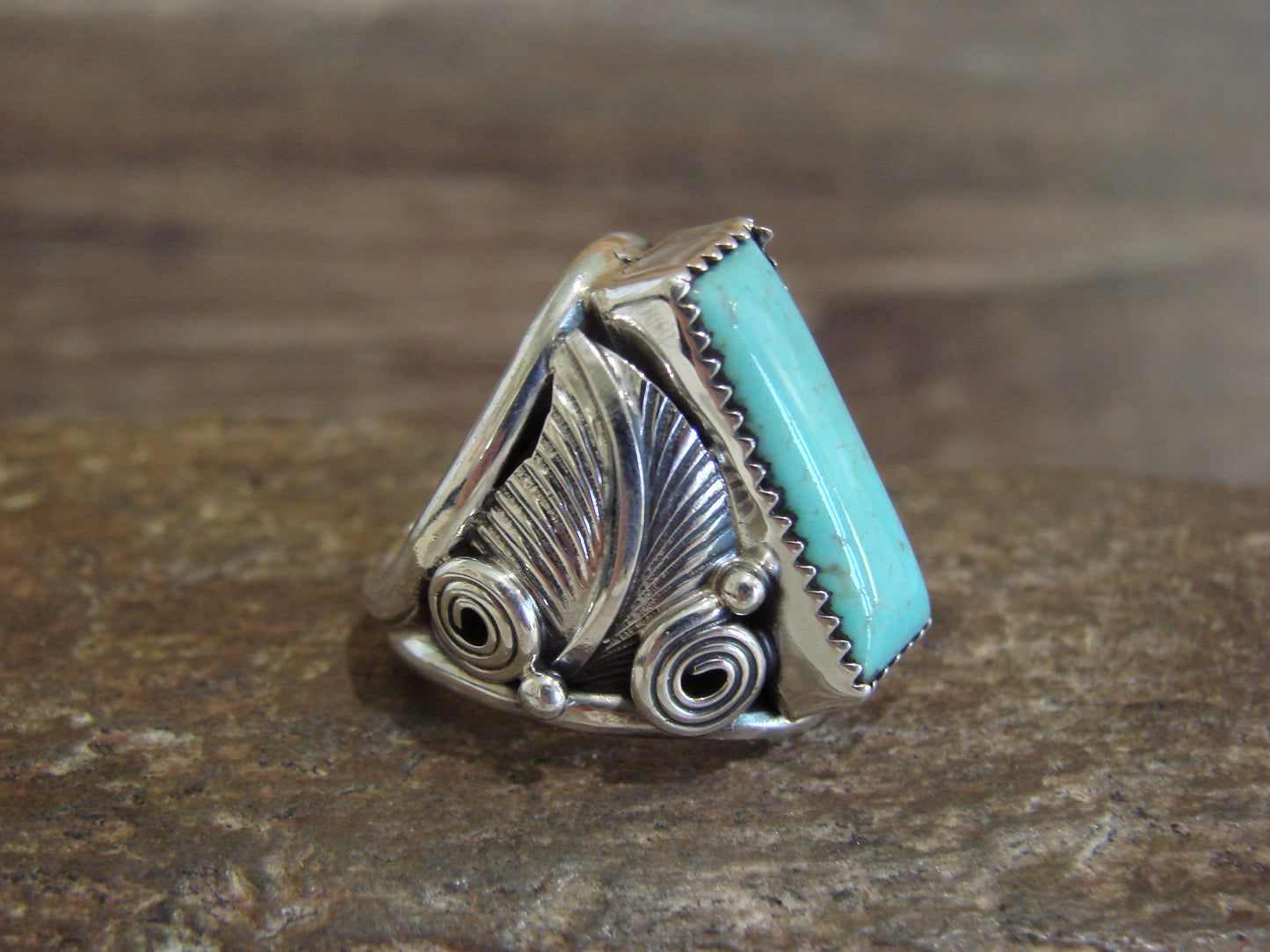 Native American Sterling Silver & Turquoise Feather Ring by D. Morgan - Size 8