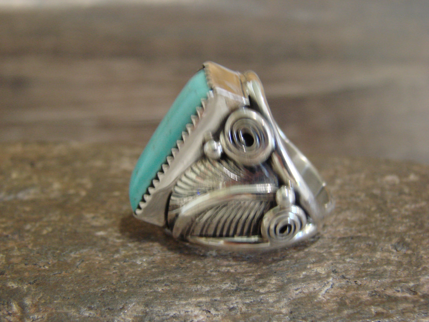 Native American Sterling Silver & Turquoise Feather Ring by D. Morgan - Size 8
