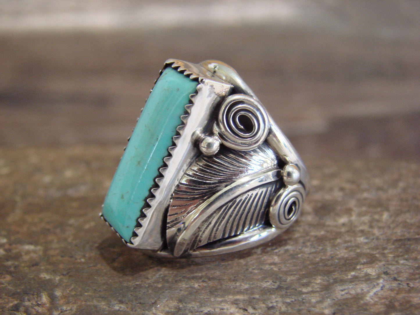 Native American Sterling Silver & Turquoise Feather Ring by D. Morgan - Size 8