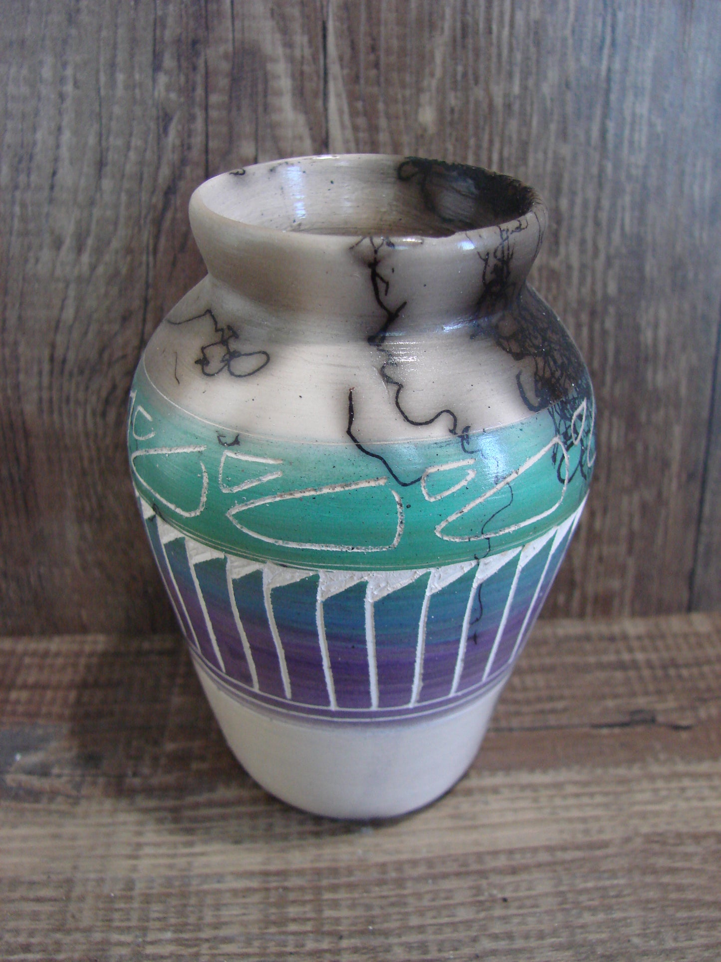 Small Native American Hand Etched Horse Hair Pottery - Benally