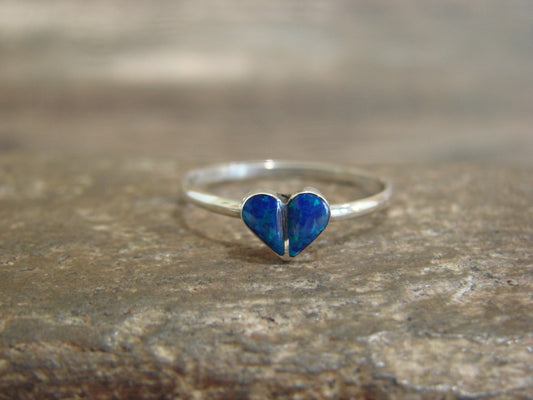 Native American Sterling Silver & Blue Opal Inlay Heart Ring by Neha - Size 6