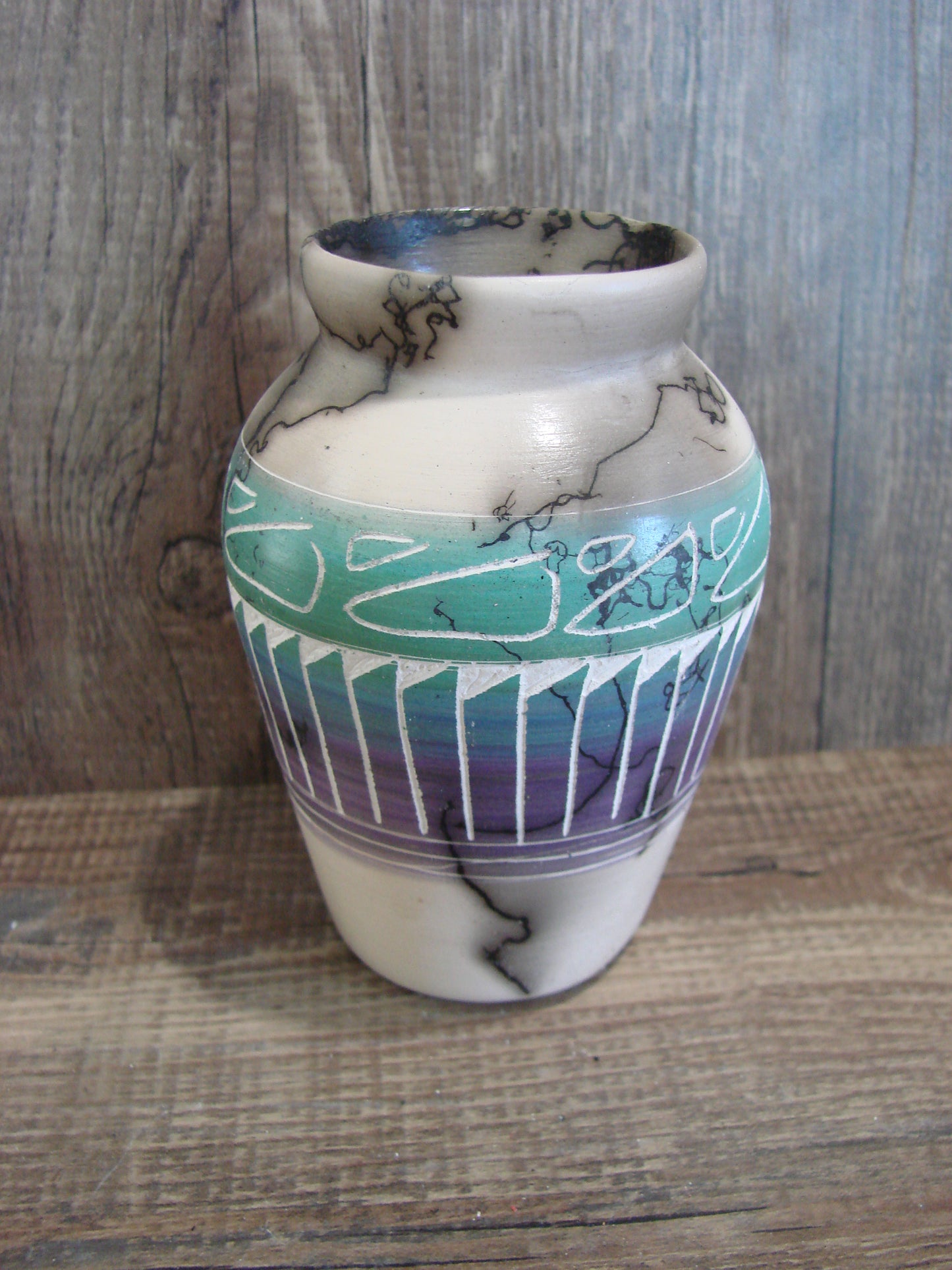 Small Native American Hand Etched Horse Hair Pottery - Benally