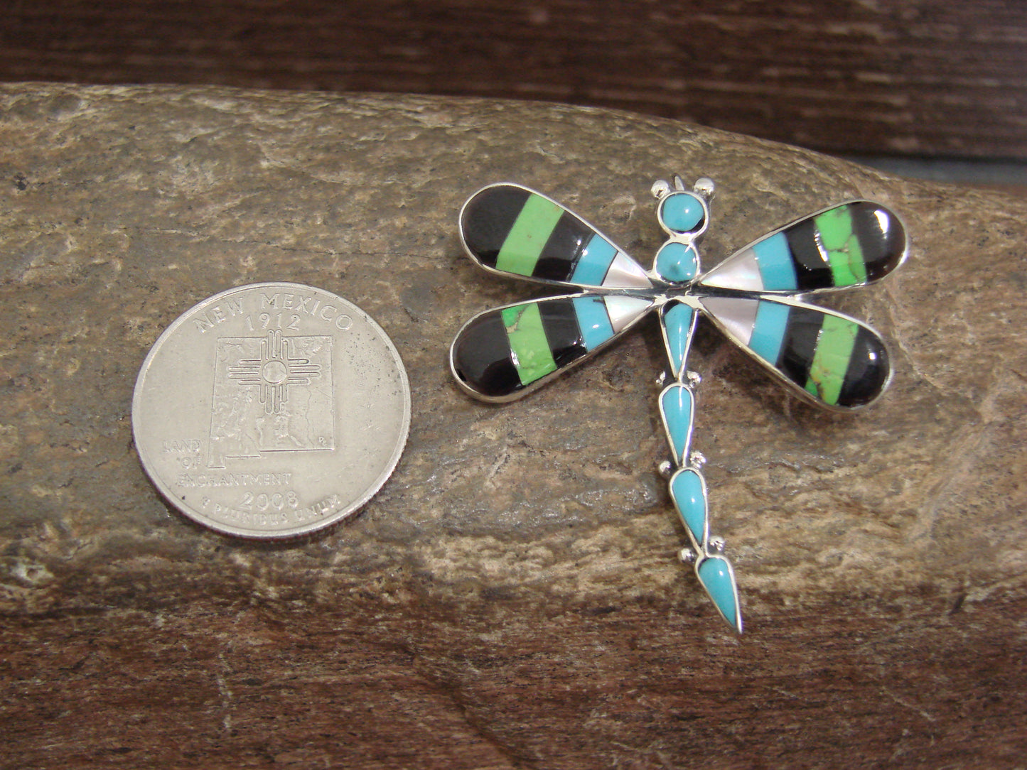 Native American Sterling Silver & Multi Stone Inlay Dragonfly Pendant Pin by Ahiyite