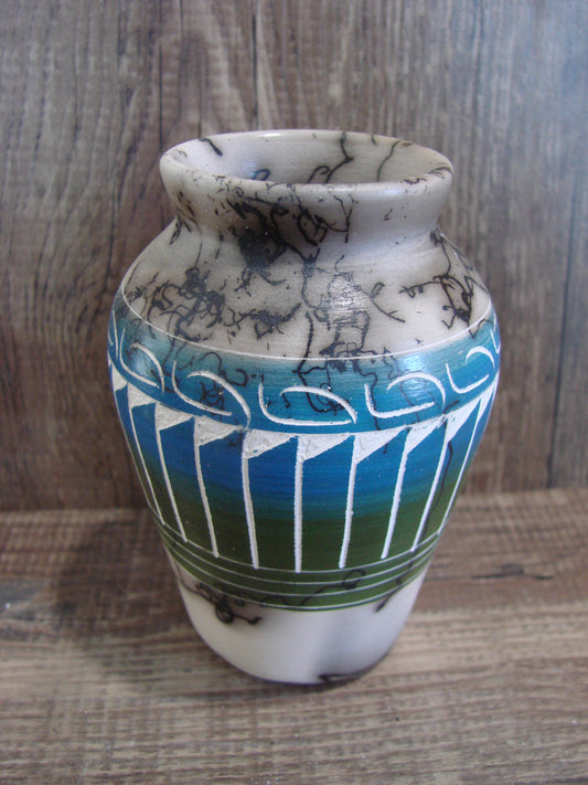 Small Native American Hand Etched Horse Hair Pottery - Benally