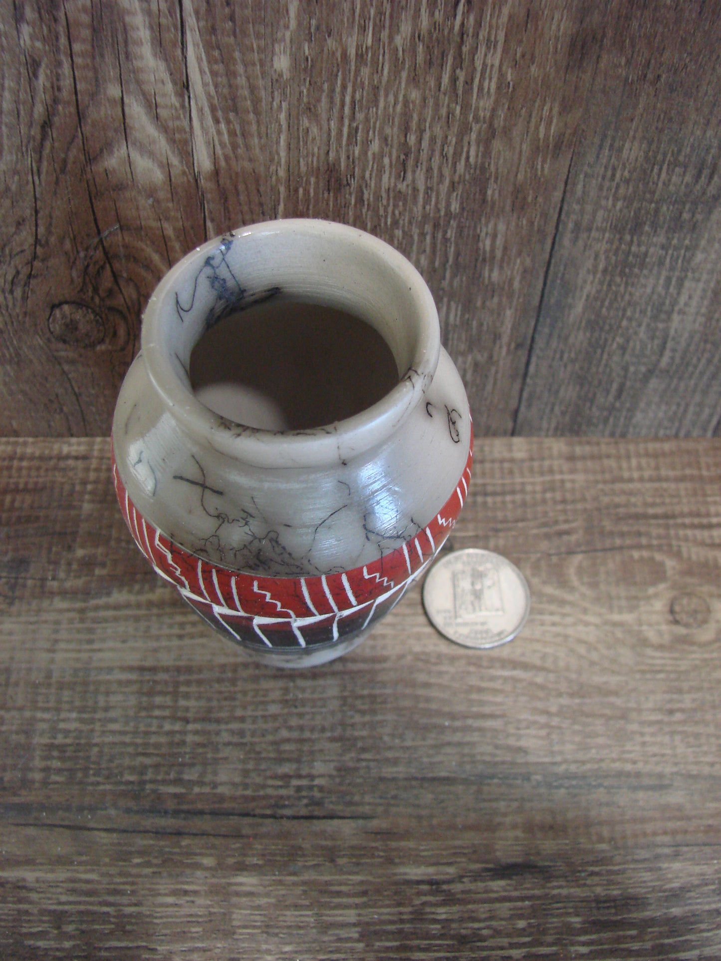 Small Native American Hand Etched Horse Hair Pottery - Benally