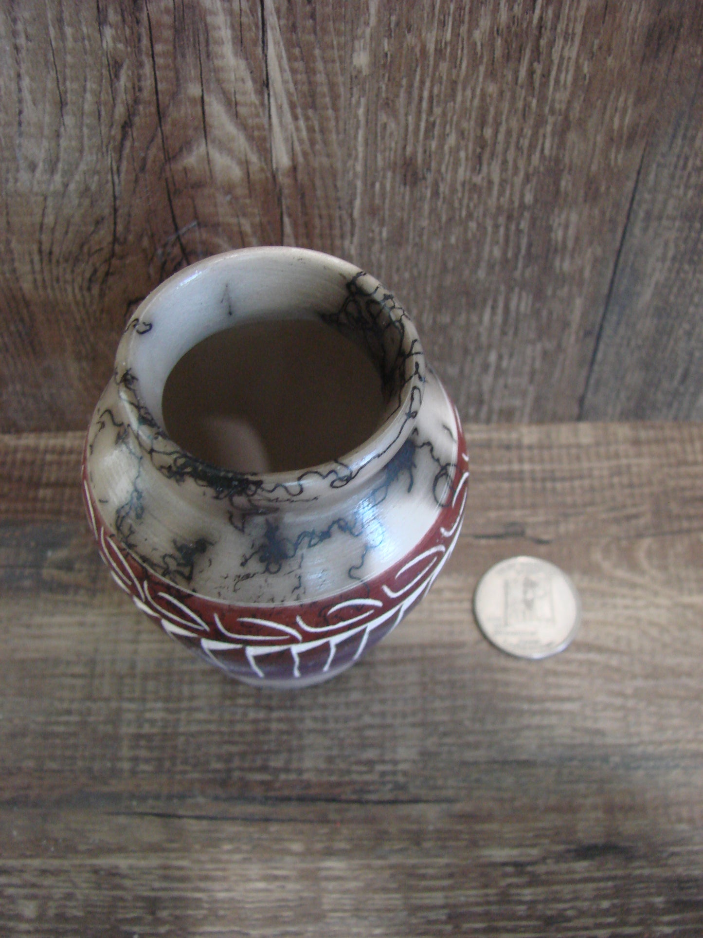 Small Native American Hand Etched Horse Hair Pottery - Benally