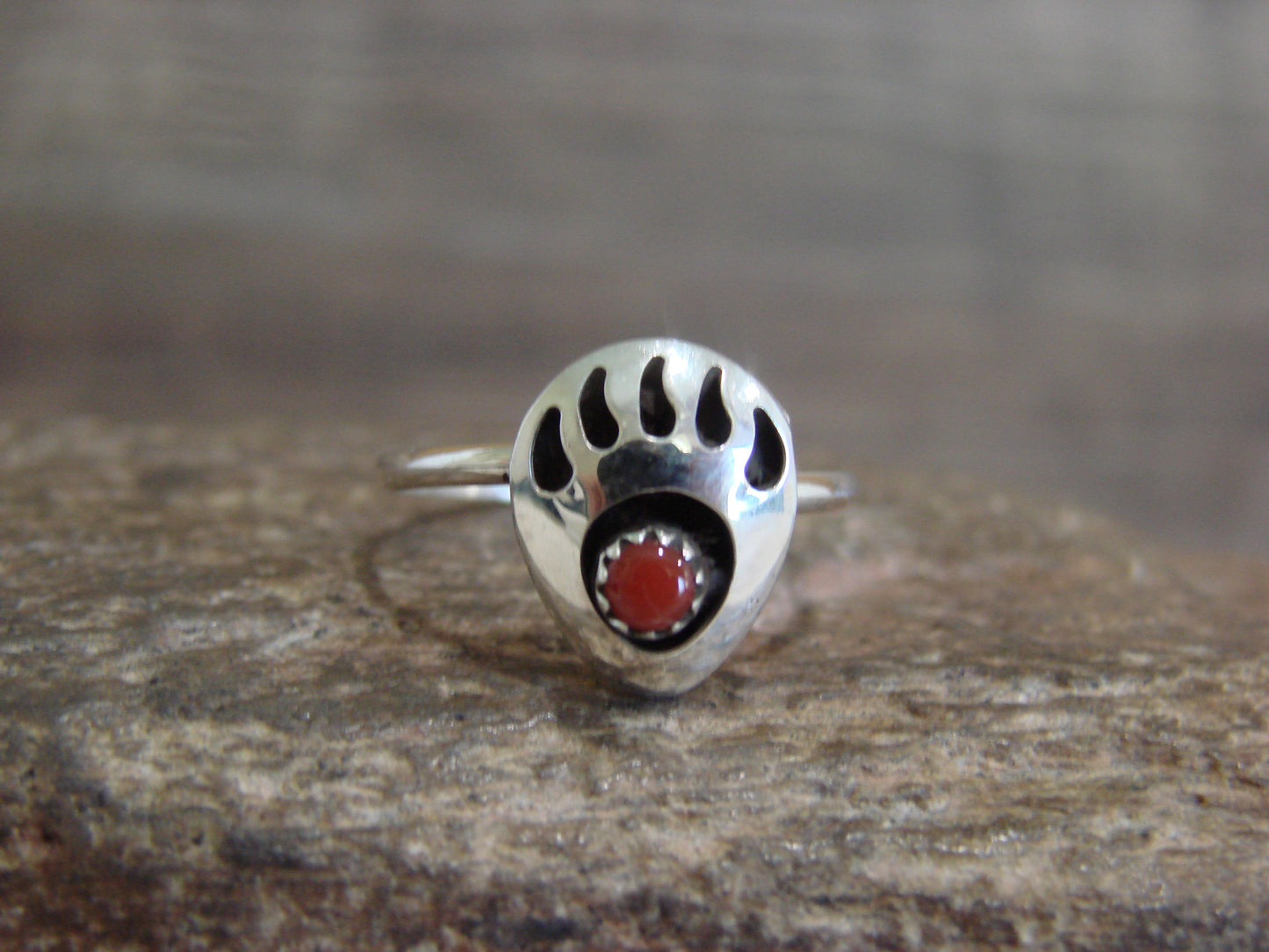 Native American Sterling Silver Coral Bear Paw Ring by Leta Parker - Size 6.5
