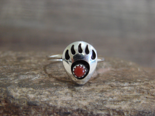 Native American Sterling Silver Coral Bear Paw Ring by Leta Parker - Size 7