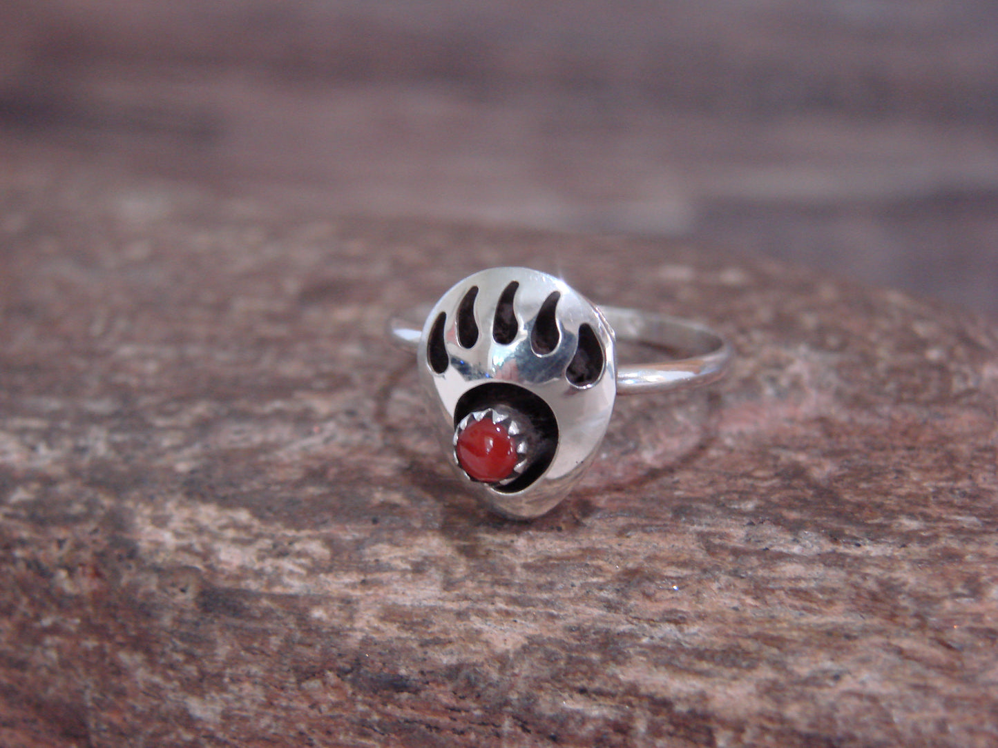 Native American Sterling Silver Coral Bear Paw Ring by Leta Parker - Size 6.5