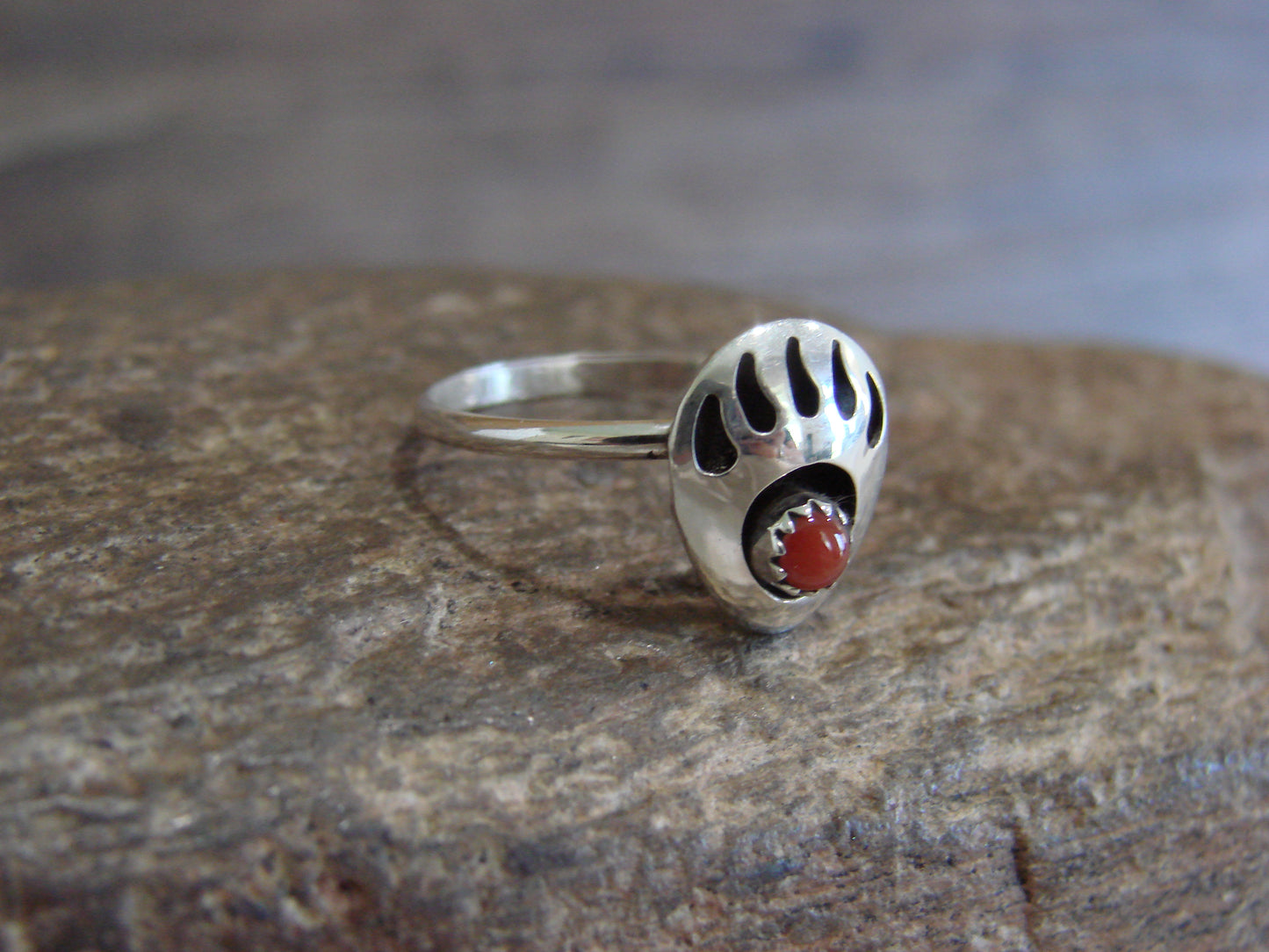 Native American Sterling Silver Coral Bear Paw Ring by Leta Parker - Size 6.5