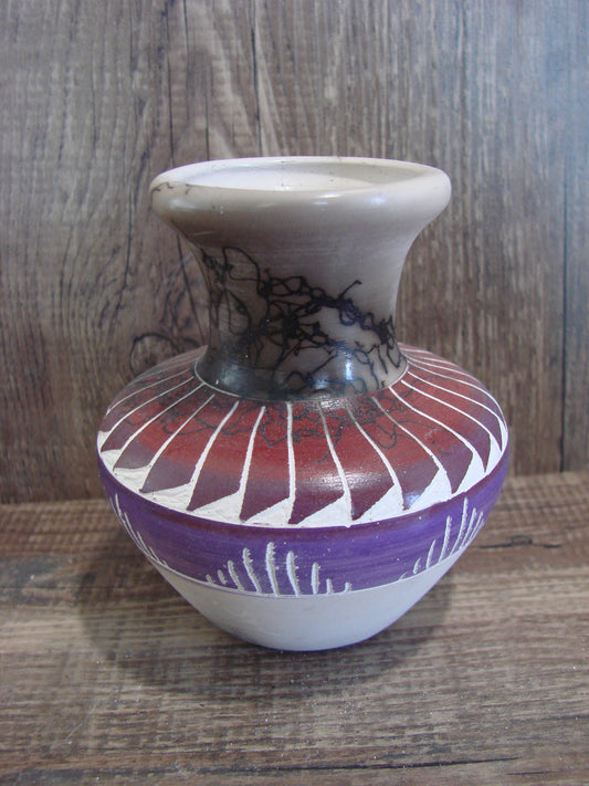 Small Native American Hand Etched Horse Hair Pottery - Benally