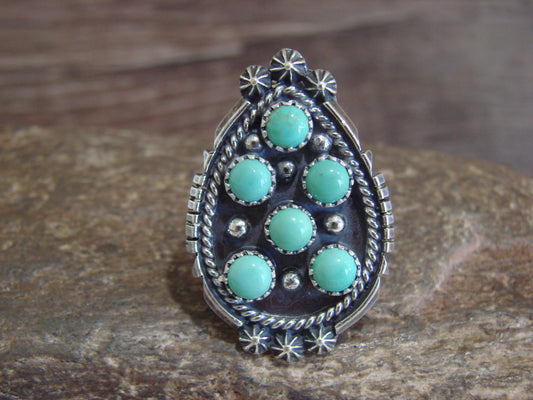 Native American Sterling Silver & Turquoise Cluster Ring by Lonjose - Size 6