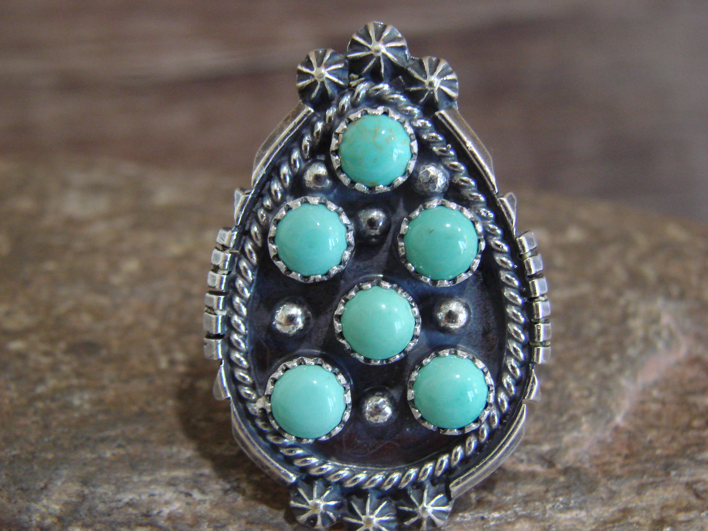 Native American Sterling Silver & Turquoise Cluster Ring by Lonjose - Size 7.5