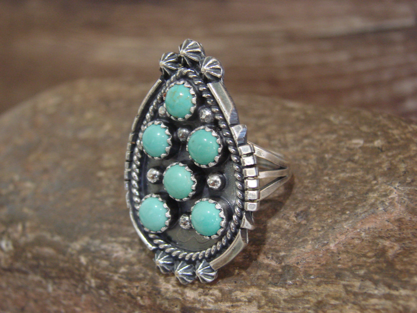 Native American Sterling Silver & Turquoise Cluster Ring by Lonjose - Size 7.5