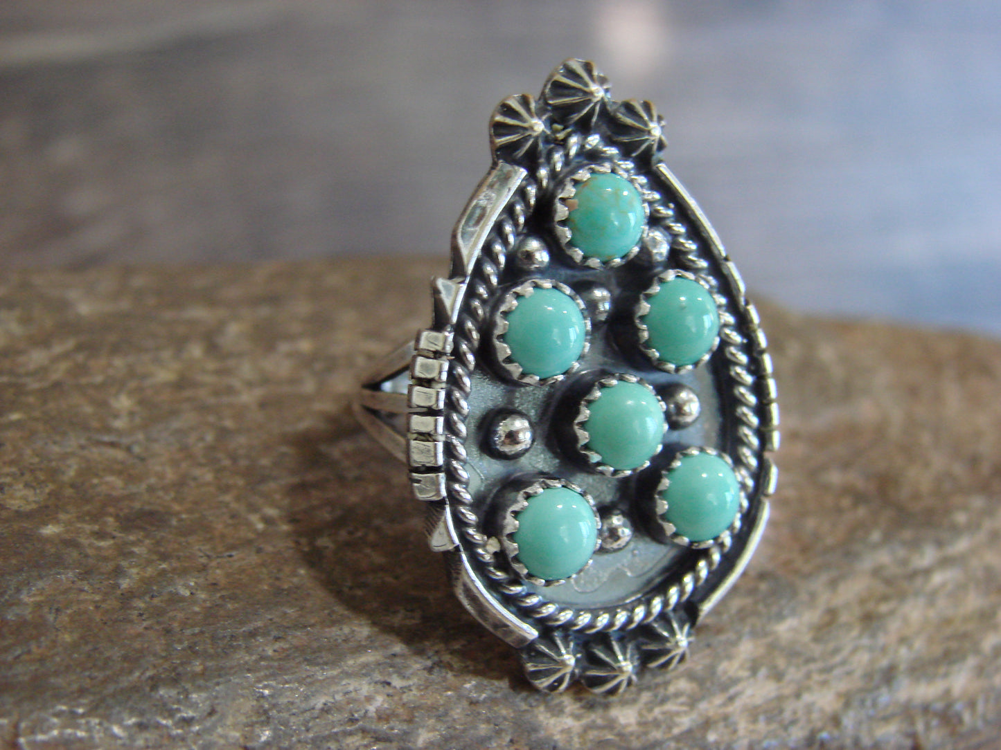 Native American Sterling Silver & Turquoise Cluster Ring by Lonjose - Size 7.5