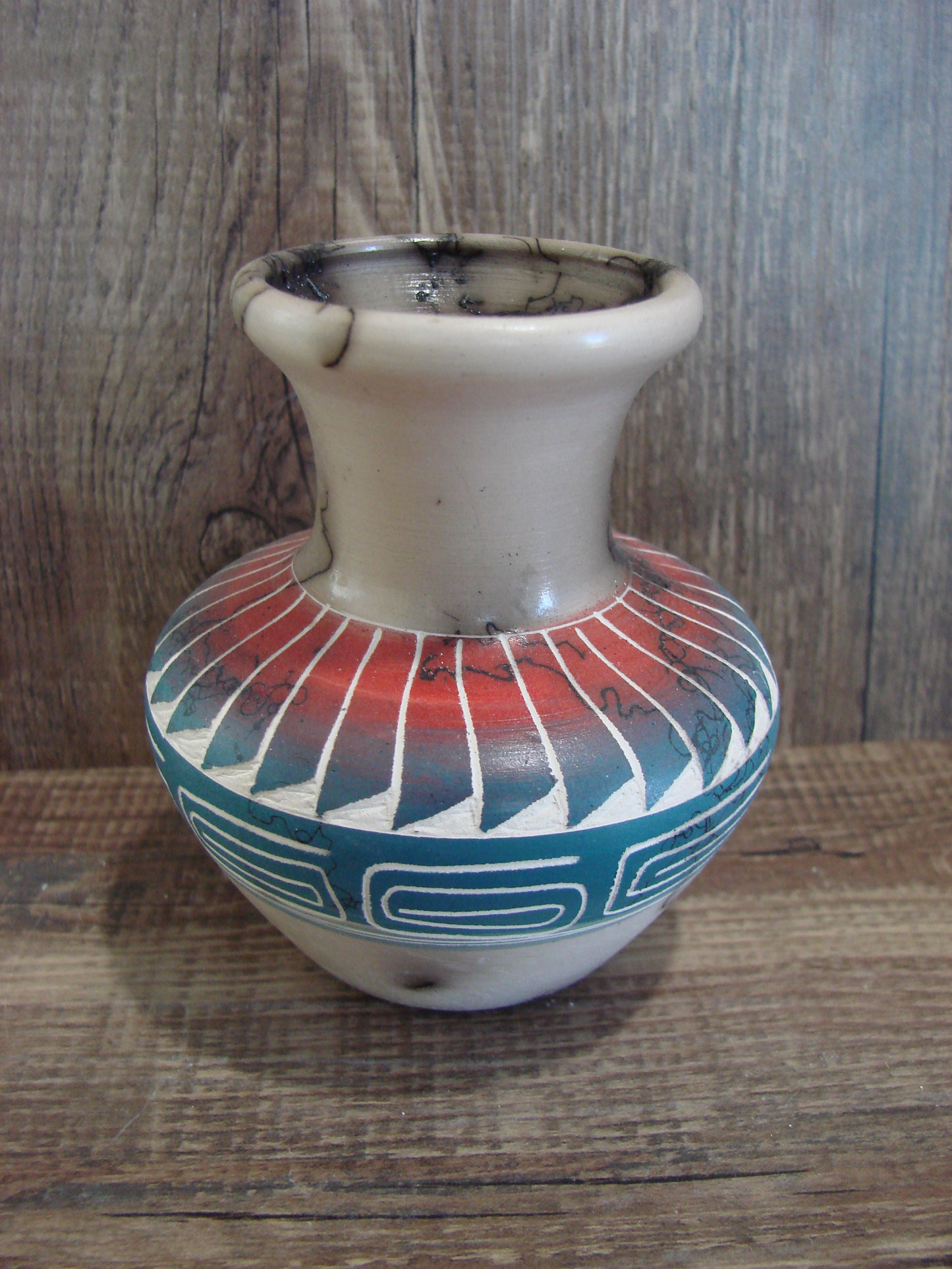 Small Native American Hand Etched Horse Hair Pottery - Benally