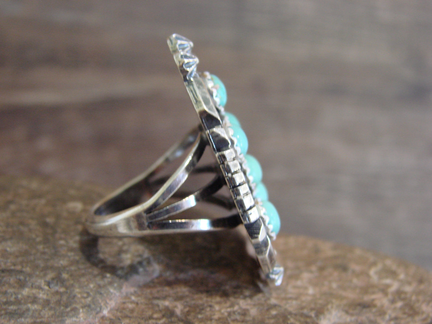 Native American Sterling Silver & Turquoise Cluster Ring by Lonjose - Size 7.5