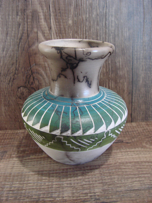 Small Native American Hand Etched Horse Hair Pottery - Benally