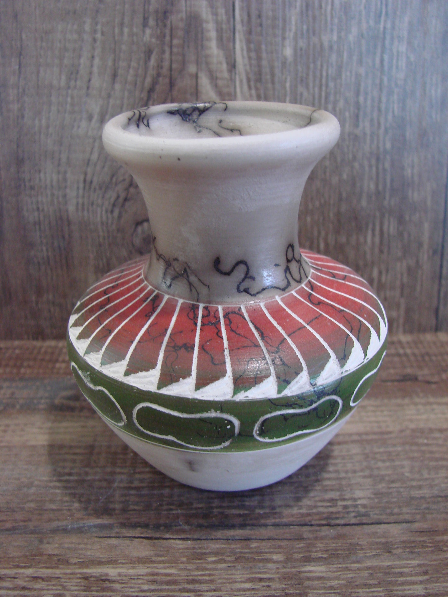 Small Native American Hand Etched Horse Hair Pottery - Benally